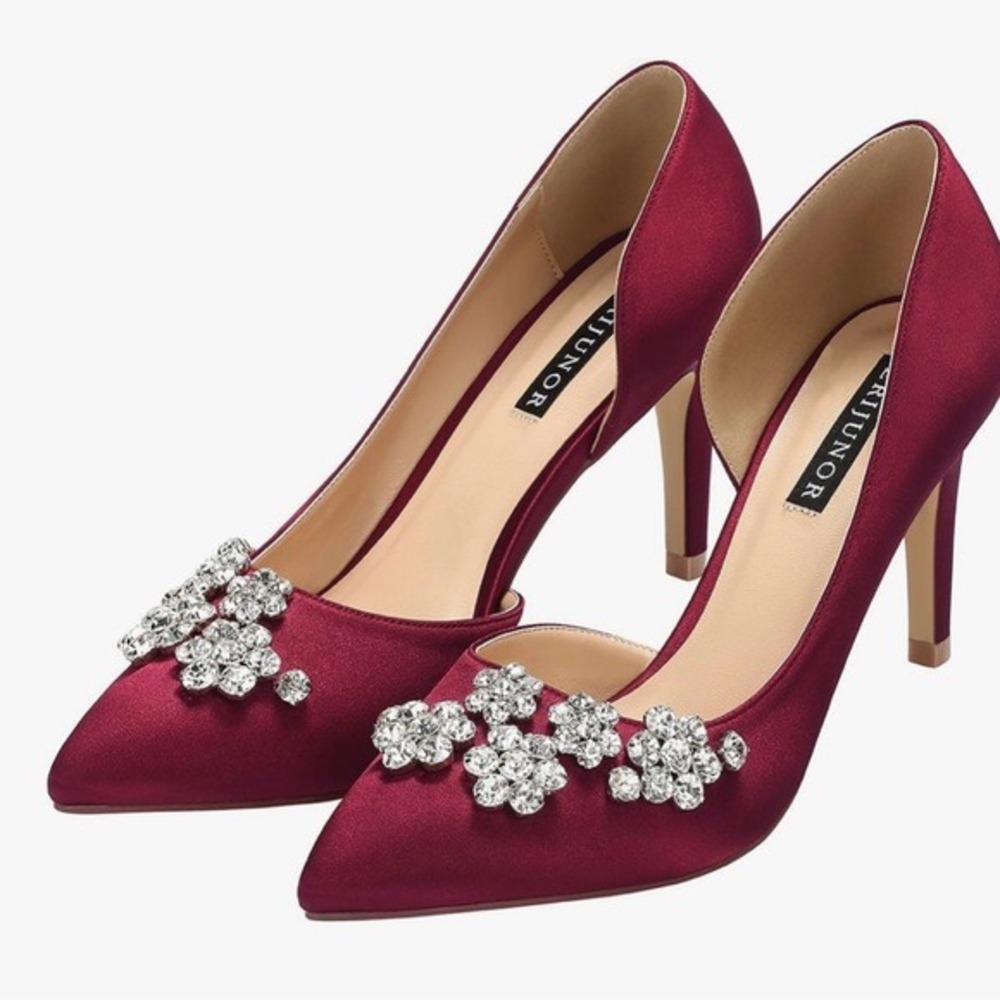 ERIJUNOR Size 7 Burgundy Satin Formal/ Prom 3" Heel Rhinestones Dress Shoes